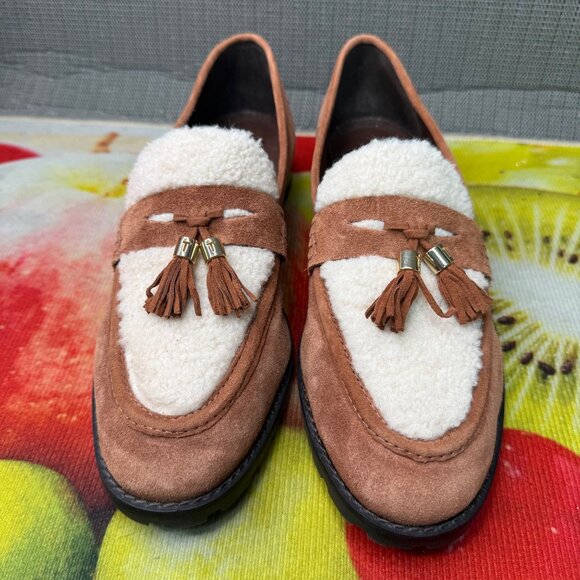 Talbots Womens Size 10.5M Brown/Cream Cassidy sherpa Loafers W/ Tassels - Picture 2 of 7